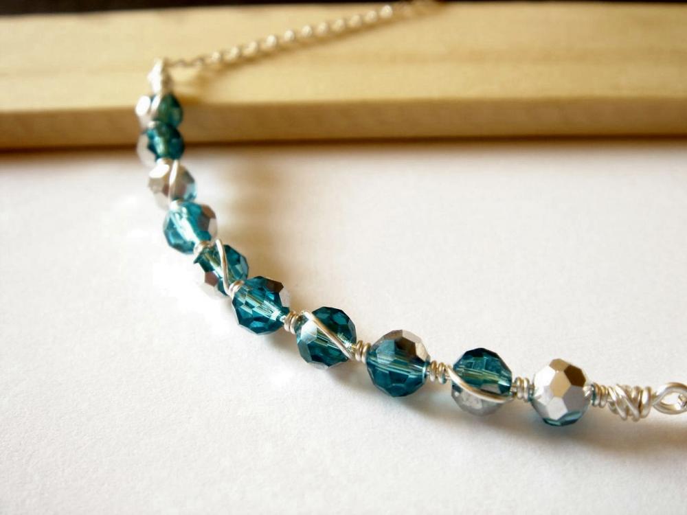 Half Silver Plated Aquamarine Swarovski Crystal Wire Wrapped Sterling Silver Necklace